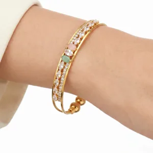 Bracelet Anti-Tarnish Open-Frame Crystal & Pastel Stone Bangle (Adjustable Size)