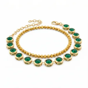 2 Bracelets Anti-Tarnish Gold Crystal & Emerald (Adjustable Size)