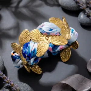 Bracelet Anti-Tarnish Golden Butterfly Cuff With Floral Silk Print Bow (Adjustable Size)
