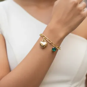 Bracelet Anti-Tarnish Crystal & Heart Charm (Adjustable Size)