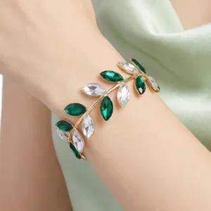 Bracelet Anti-Tarnish Emerald Crystal Leafy Cuff (Adjustable Size)