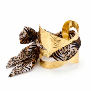 Bracelet Anti-Tarnish Hammered Golden Cuff With Tiger Print Silk Bow (Adjustable Size)